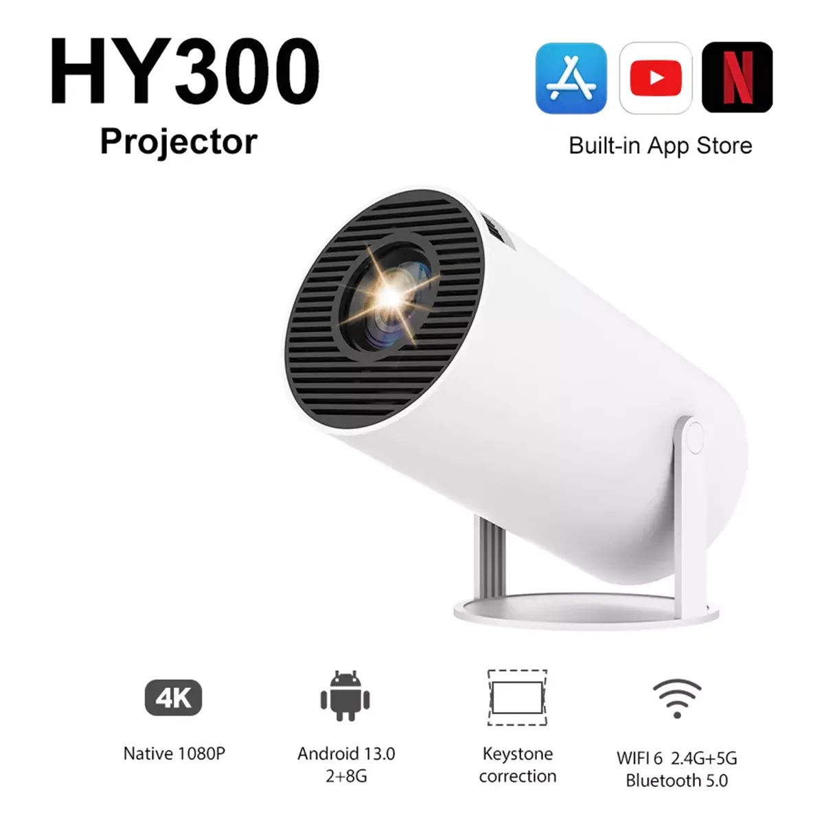 Mini projetor portátil HY300 exibindo filme em ambiente escuro